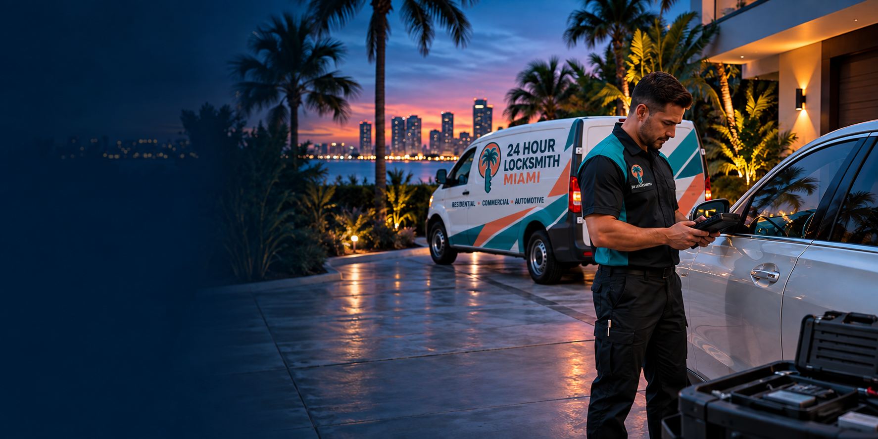 A 24 Hour Locksmith Miami technician working on a car door at dusk beside a branded van with the Miami skyline behind.